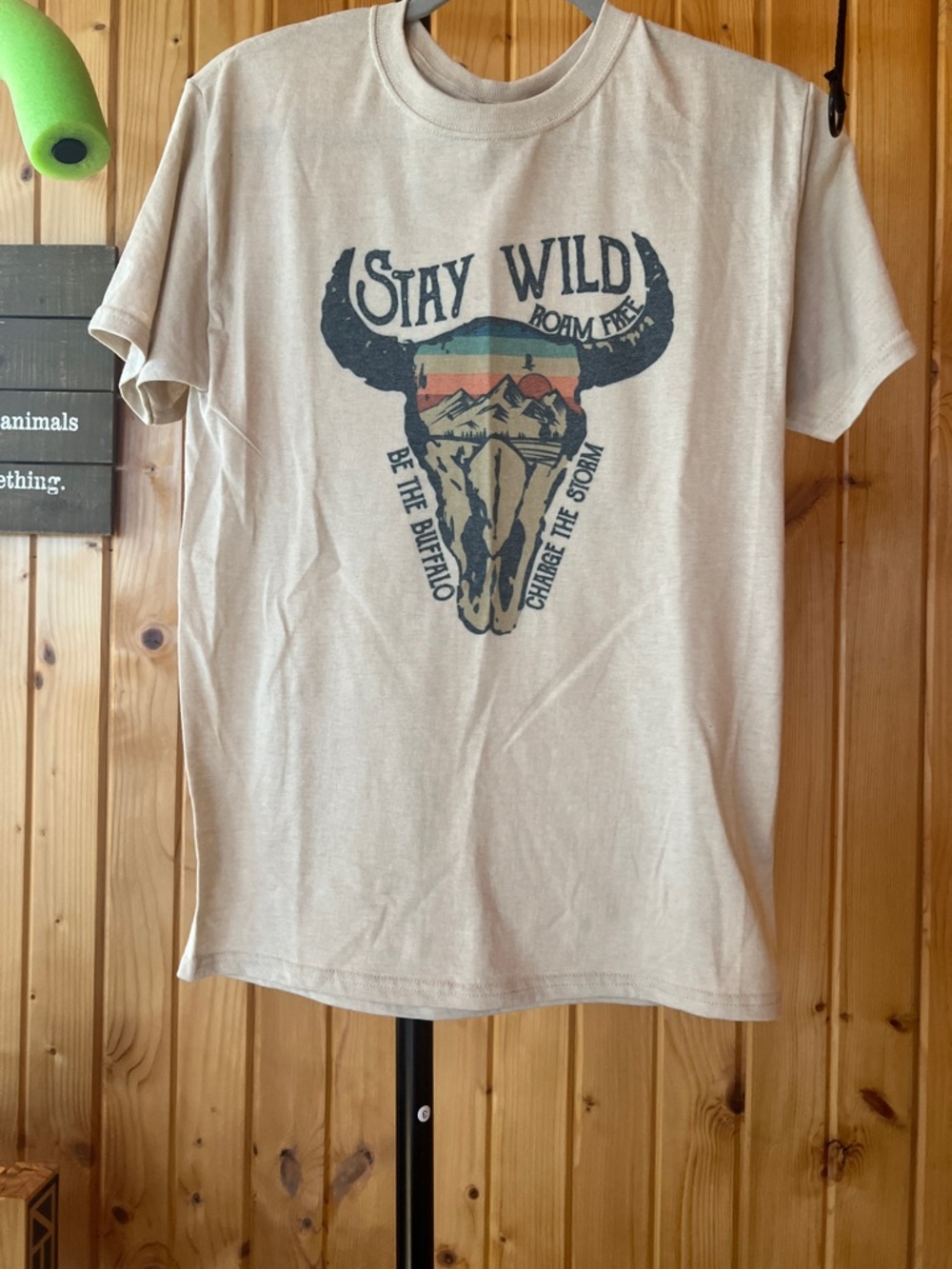 Jerzees Stay Wild Buffalo Skull Graphic Tee - Beige with Multicolor Accent